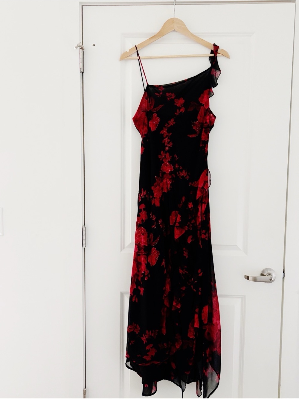 VTG Y2K Asymmetrical Rose Beaded Glitter Ruffle Black Red Dress Whimsigoth XL